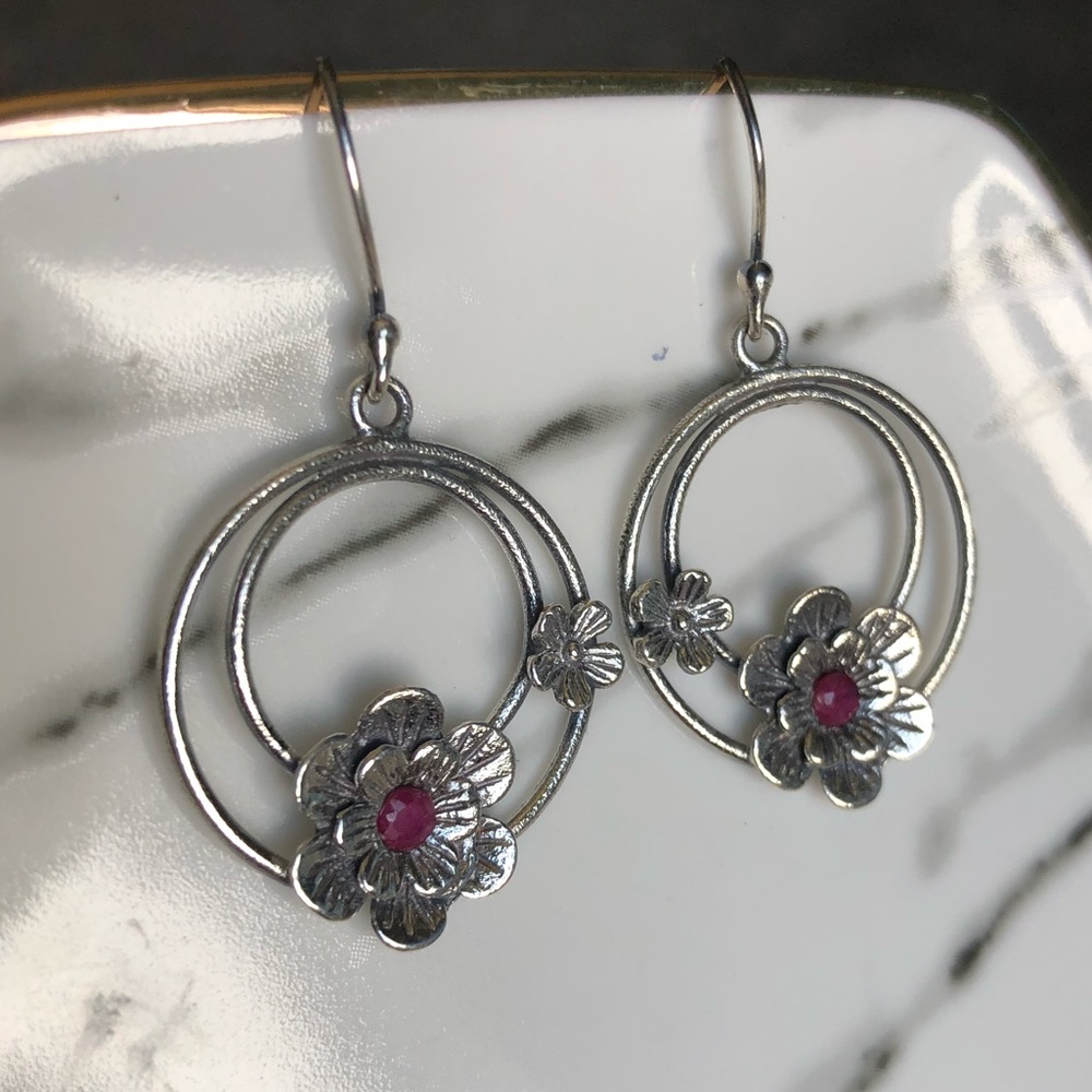 Ruby Sterling Silver Flower Earrings
